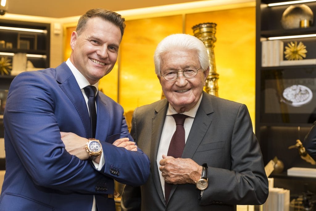 Sascha Moeri, CEO de Carl F. Bucherer, et Jörg G. bucherer, Président de Bucherer lors de l'inauguration de la boutique de Lucerne