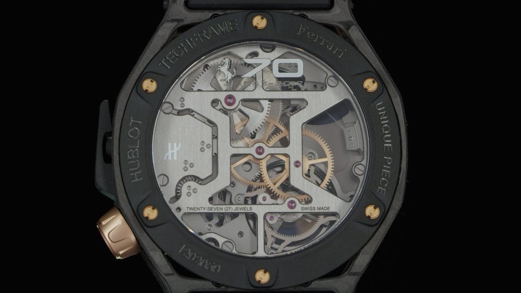 Mouvement Hublot Techframe Ferrari 70 Years Carbone Peek & King Gold Tourbillon Chronographe