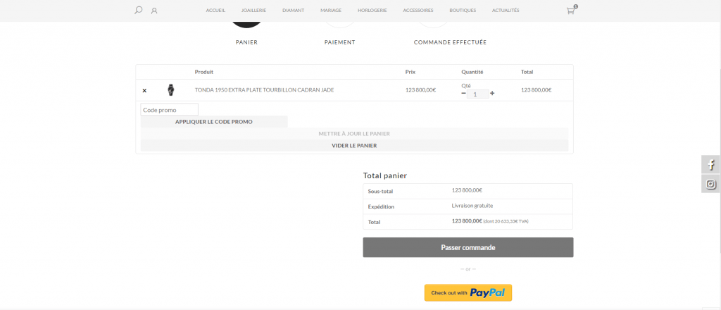 Simulation / test d'achat d'une montre à plus de 100 000 € sur le site Bellini