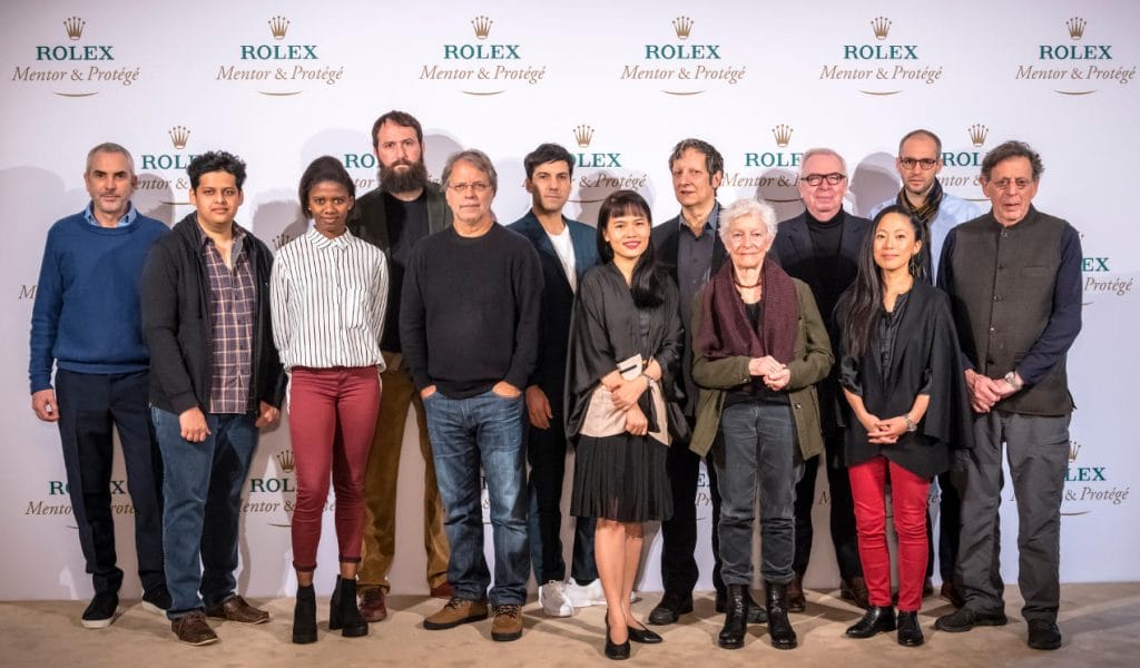 The Rolex Mentor and Protégé Arts Initiative, Press conference with the Cycle 8 (2016-2017). Left to right: Alfonso Cuarón, mentor in film, Chaitanya Tamhane, protégé in film, Londiwe Khoza, protégée in dance, Julían Fuks, protégé in literature, Mia Couto, mentor in literature, Matías Umpierrez, protégé in theatre, Thao-Nguyen Phan, protégée in visual arts, Robert Lepage, mentor in theatre, Joan Jonas, mentor in visual arts, Sir David Chipperfield, mentor in architecture, Pauchi Sasaki, protégée in music, Simon Kretz, protégé in architecture. Philip Glass, mentor in music.