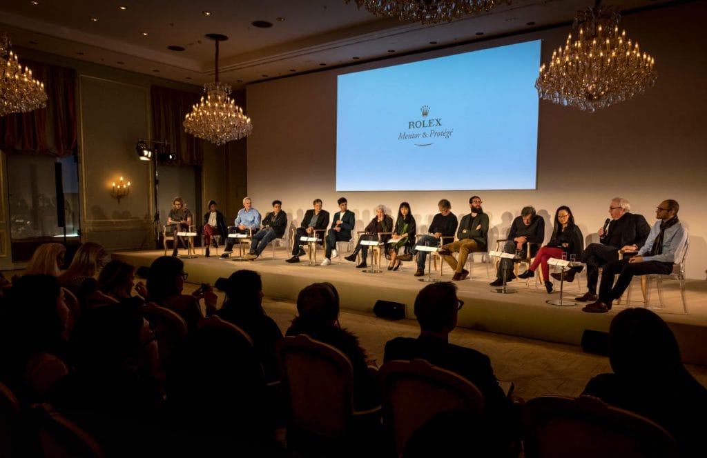 The Rolex Mentor and Protégé Arts Initiative, Press conference with the Cycle 8 (2016-2017). Left to right: Rebecca Irvin, Head of Philanthropy, Rolex S.A., Londiwe Khoza, protégée in dance, Alfonso Cuarón, mentor in film, Chaitanya Tamhane, protégé in film, Robert Lepage, mentor in theatre, Matías Umpierrez, protégé in theatre, Joan Jonas, mentor in visual arts, Thao-Nguyen Phan, protégée in visual arts, Mia Couto, mentor in literature, Julían Fuks, protégé in literature, Philip Glass, mentor in music, Pauchi Sasaki, protégée in music, Sir David Chipperfield, mentor in architecture, Simon Kretz, protégé in architecture.