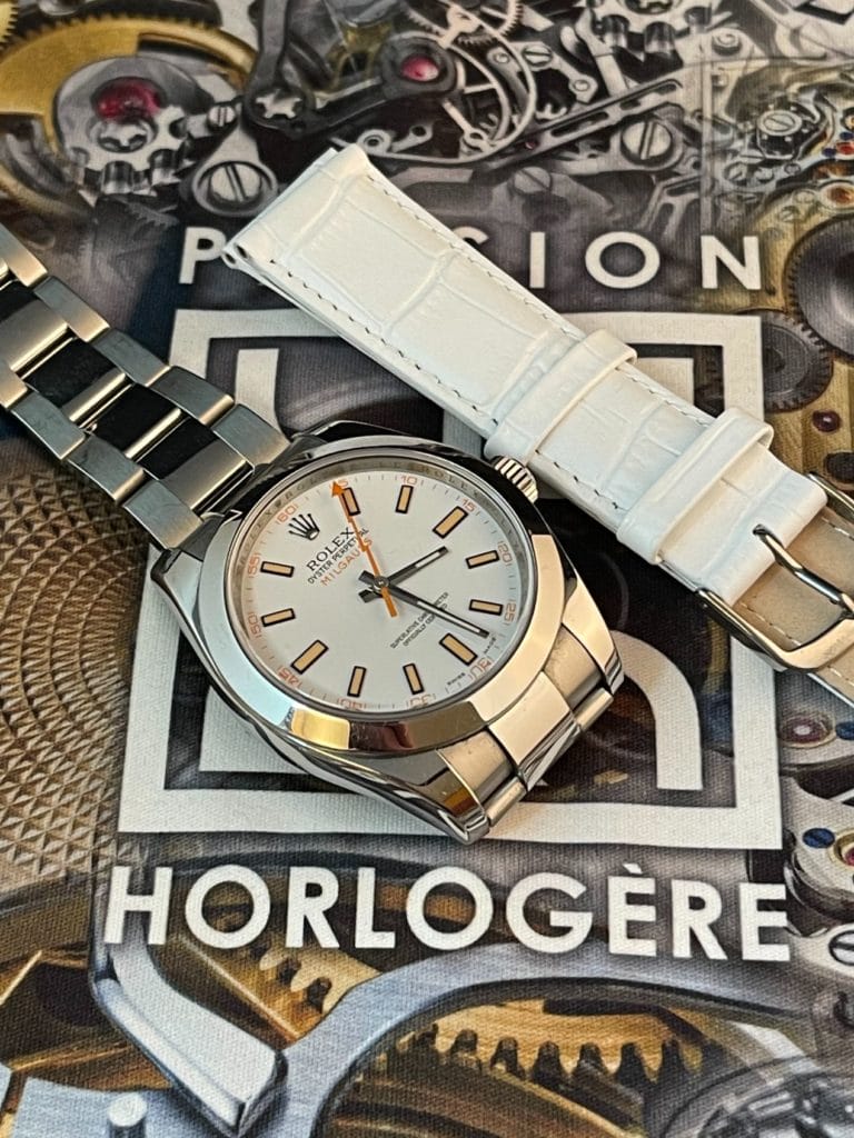 Rolex Milgauss et bracelet cuir blanc façon Alligator 