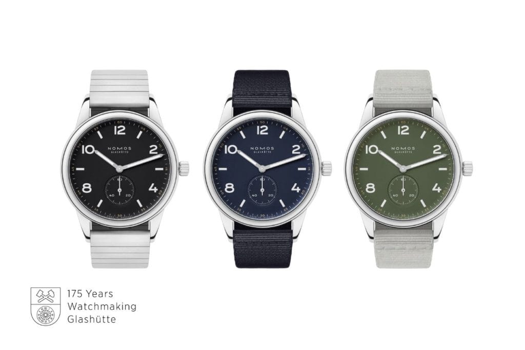 Édition limitée : les montres NOMOS Club automatique en trois nouvelles couleurs, animées d'un calibre de manufacture et du NOMOS-Swing-System, conçu et fabriqué en interne, et réglé d'après les valeurs de chronomètre.