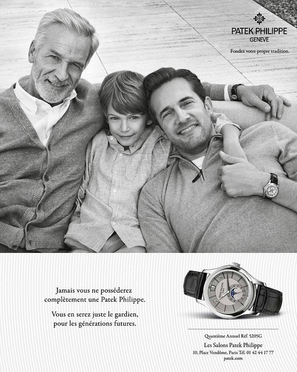 Depuis 1996 Patek Philippe entretien cette campagne publicitaire dite "générationnelle".
