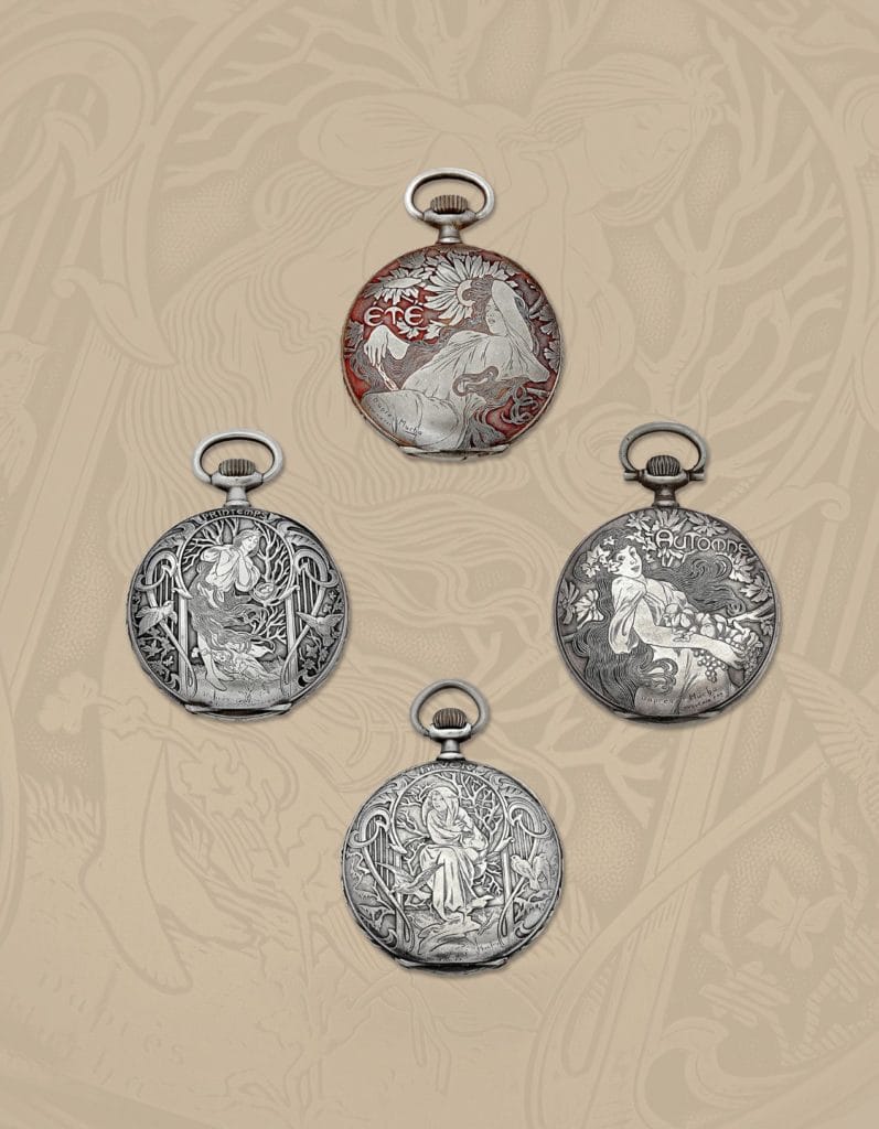 « Probablement réunies pour la première fois depuis 120 ans ! Depuis leur présentation à l’Exposition Universelle de 1900 à Paris, ces montres réalisées avec le célèbre illustrateur de l’Art Nouveau Alphons Mucha sont extrêmement rares ! Monsieur Duval a mis près de 20 ans à les réunir et les gravures par Huguenin Frères sont en très bon état. »