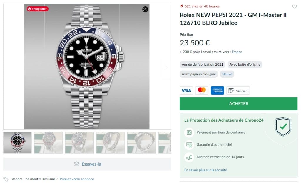 Tarif de revente constaté sur internet en décembre 2021.