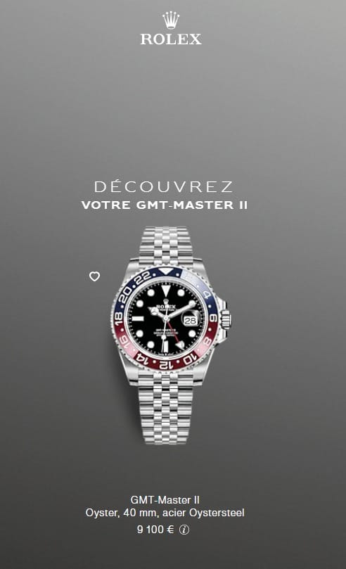 tarif officiel affiché de la GMT Master II 126710 BLRO en décembre 2021