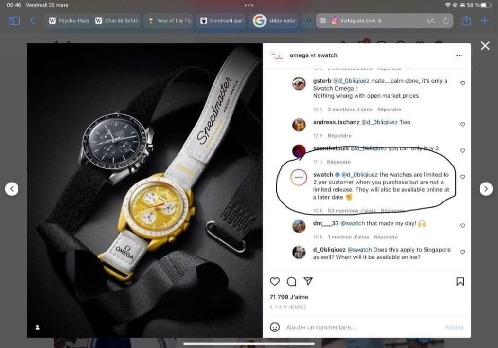 Réponse de Swatch à un internaute - Source Facebook