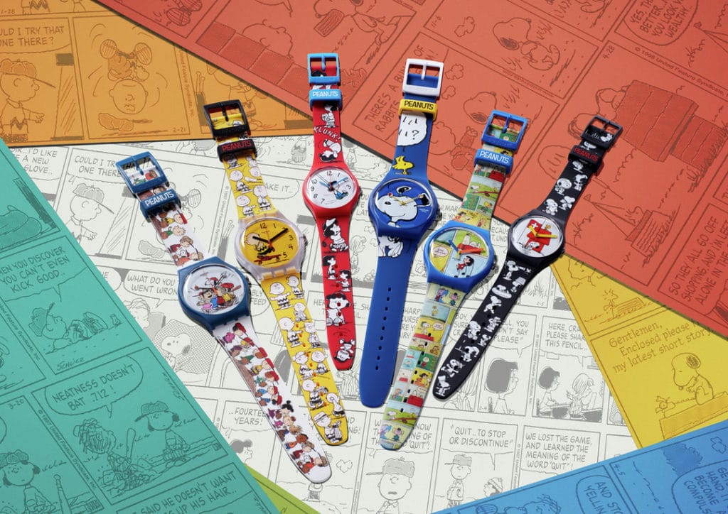 Six modèles de la collection Swatch x Peanuts