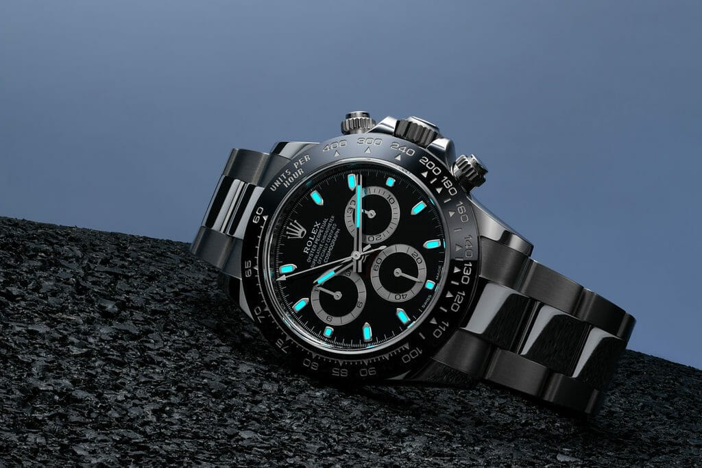 Rolex Cosmograph Daytona 116500LN à cadran noir Chromalight luminescent de couleur bleue. Photo Alexandre Tarall