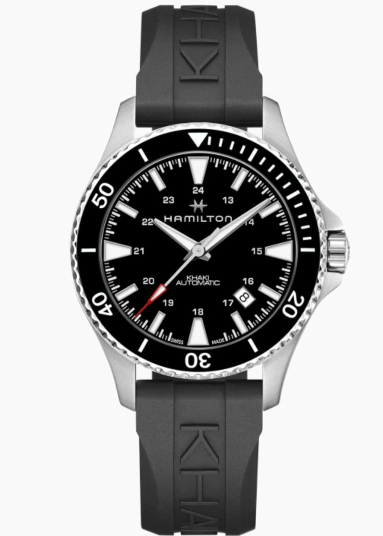 Montre Khaki Navy Scuba : Cadran noir , Aiguilles des heures, des minutes et des secondes nickelées avec Super-LumiNova, Mouvement automatique H-10 avec réserve de marche de 80 heure, Bracelet en caoutchouc noir avec boucle ardillon 