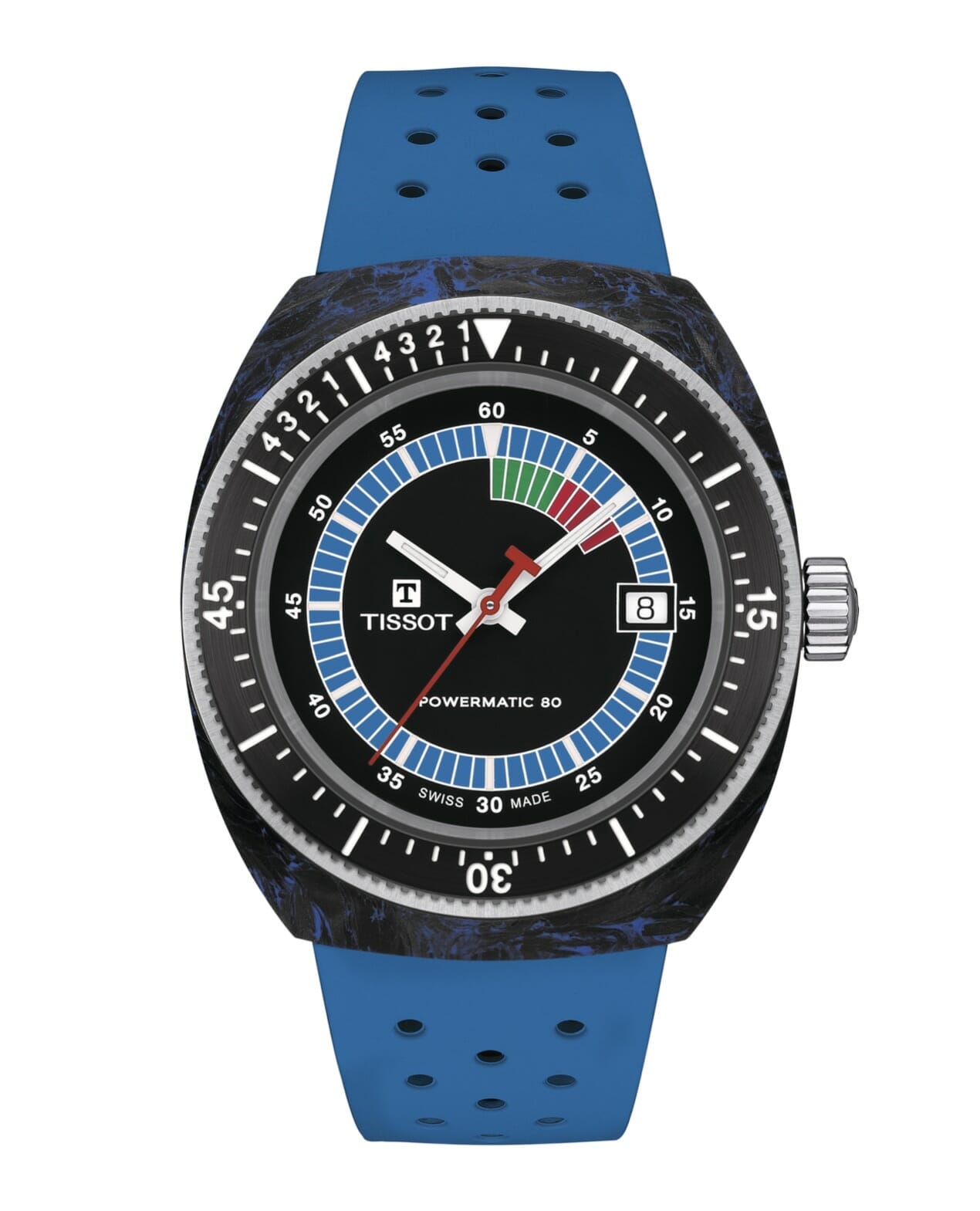 Boitier en acier inoxydable et carbone forgé. Lunette en PVD noir, unidirectionnelle, esprit sports nautiques. Etanchéité jusqu'à 30 bar. 