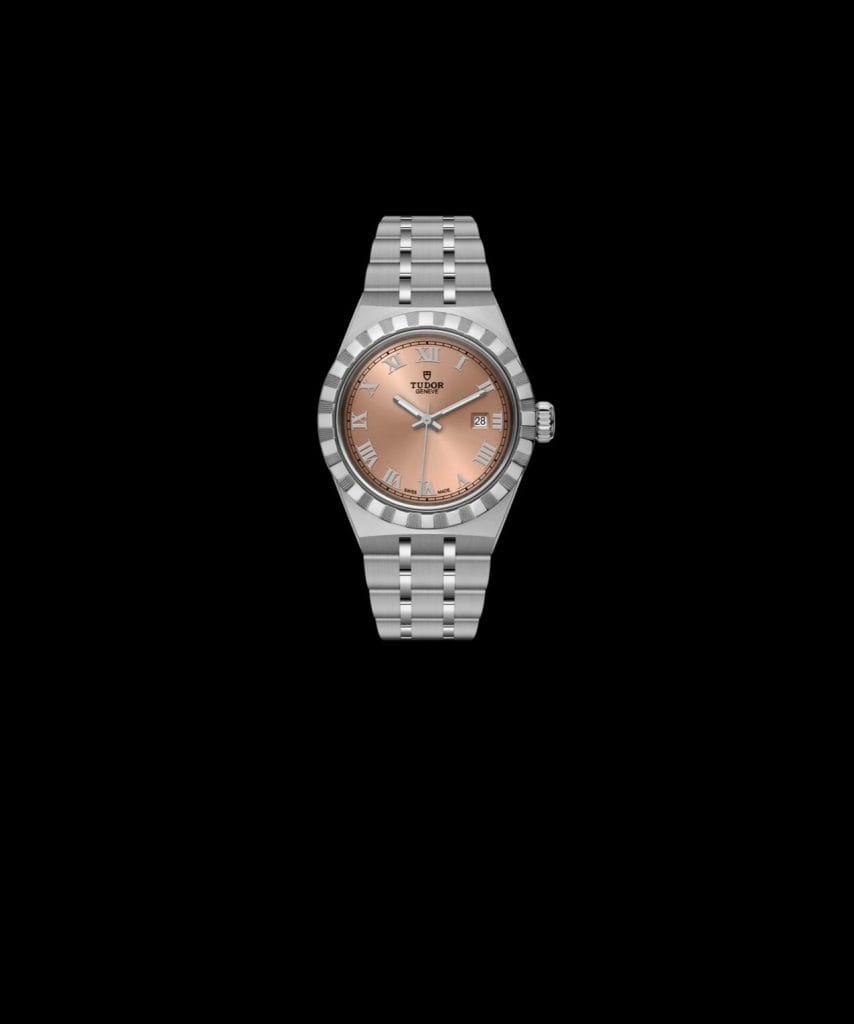 Boitier en acier inoxydable, 28 mm, cadran saumon non serti.