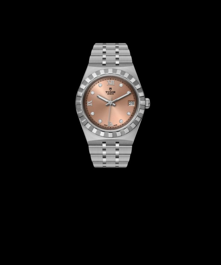 Boitier en acier inoxydable, 34 mm, cadran saumon serti.