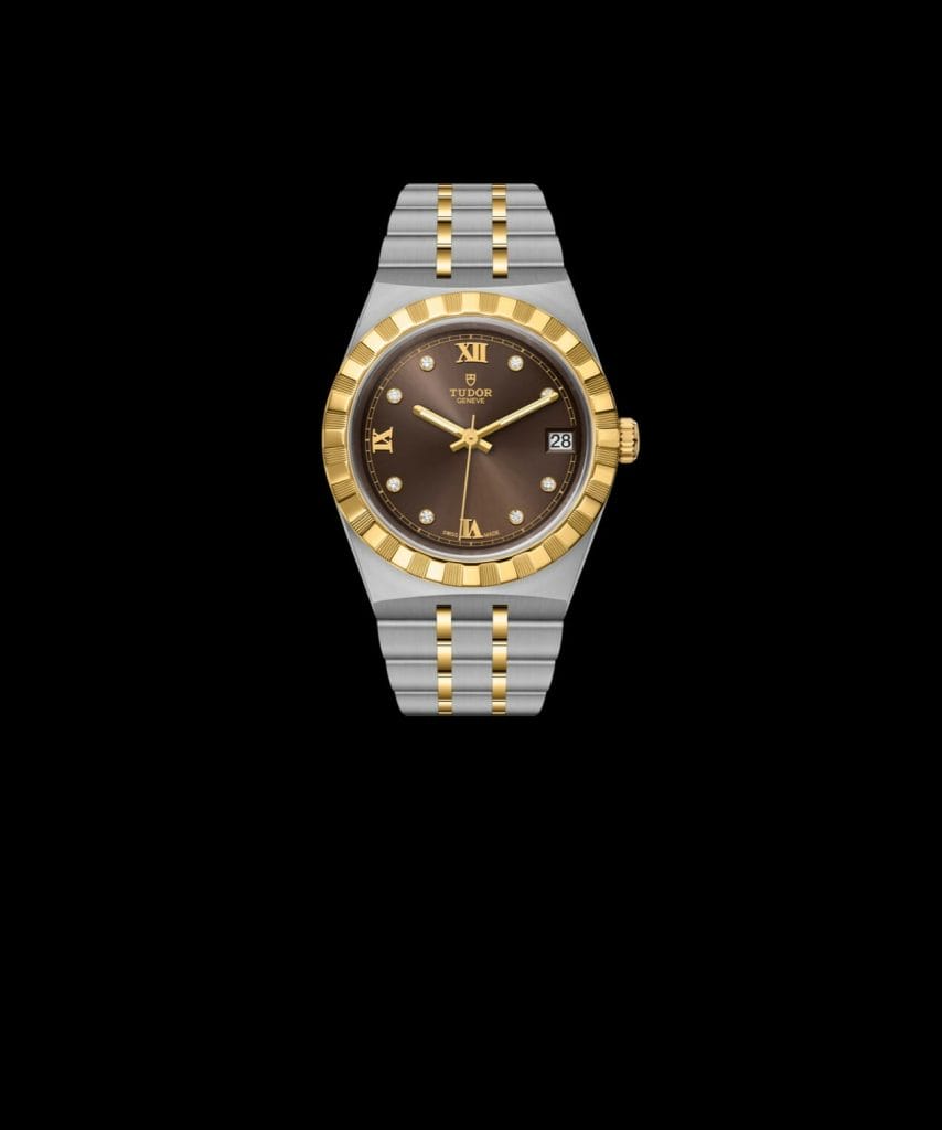 Boitier en acier inoxydable, 34 mm, cadran chocolat serti.