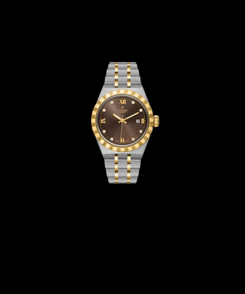 Boitier en acier inoxydable, 28 mm, cadran chocolat serti.