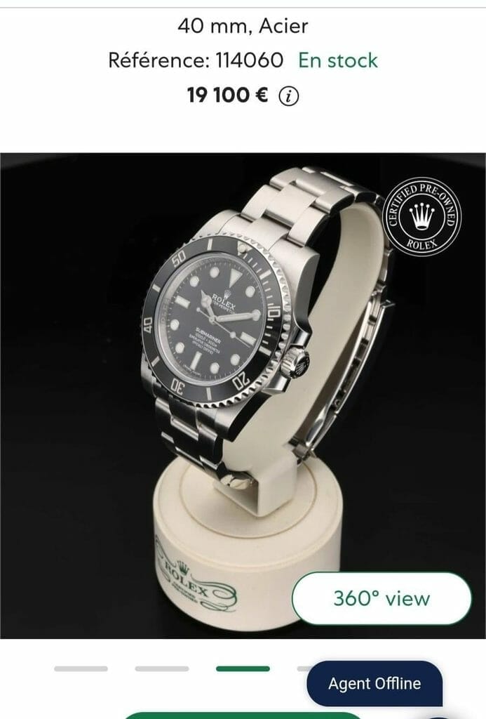 Exemple d'une Rolex Submariner vendue d'occasion et affichée à plus de 19 000 €.