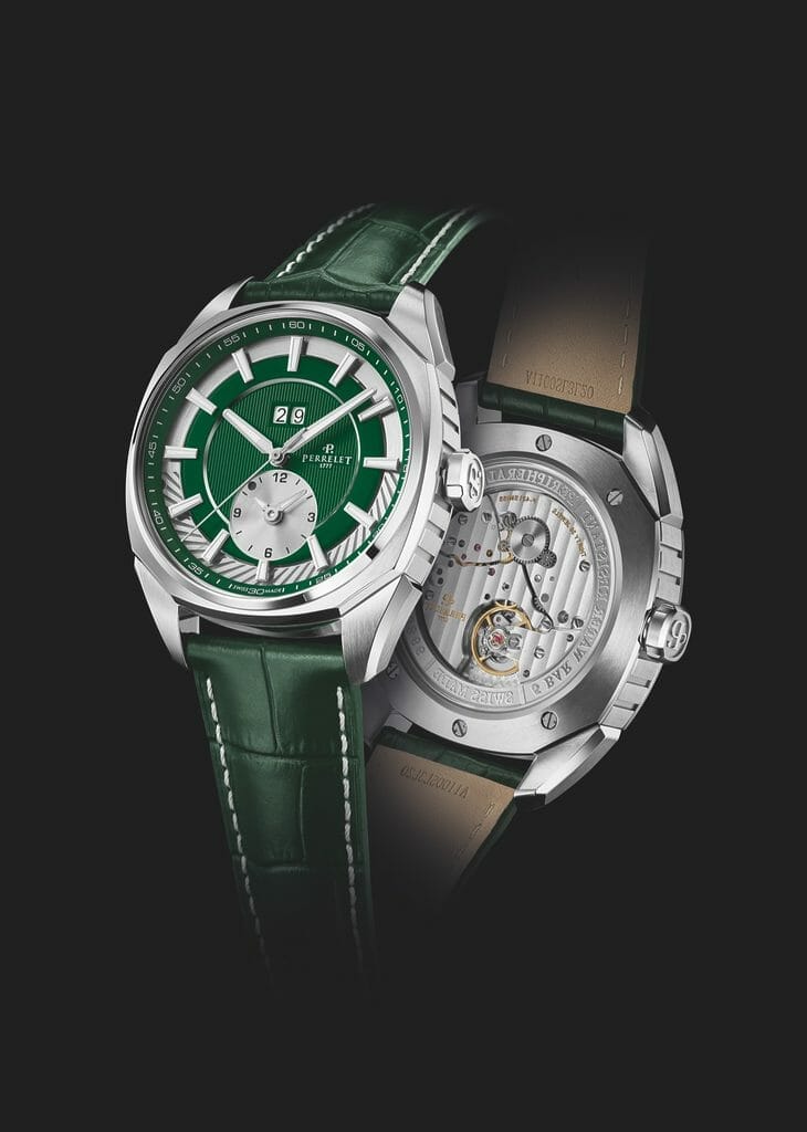 La collection Lab Peripheral de Perrelet accueille de nouvelles créations dans les tons de vert et de bleu : "Lab Peripheral Dual Time vert émeraude" et Lab Peripheral 3-aiguilles vert émeraude et bleu profond" voient le jour.