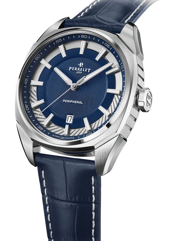 Montre Lab Peripheral 3-Hands Blue : Calibre Manufacture Perrelet P-411, mouvement mécanique automatique
Diamètre du boîtier : 31,60 mm