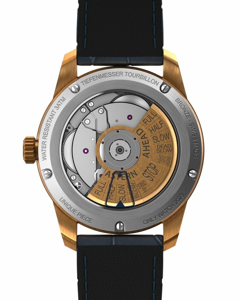 Réserve de marche de 60 heures / Bracelet en cuir alligator bleu 22 mm de largeur / Boucle déployante papillon en acier inoxydable et en bronze.