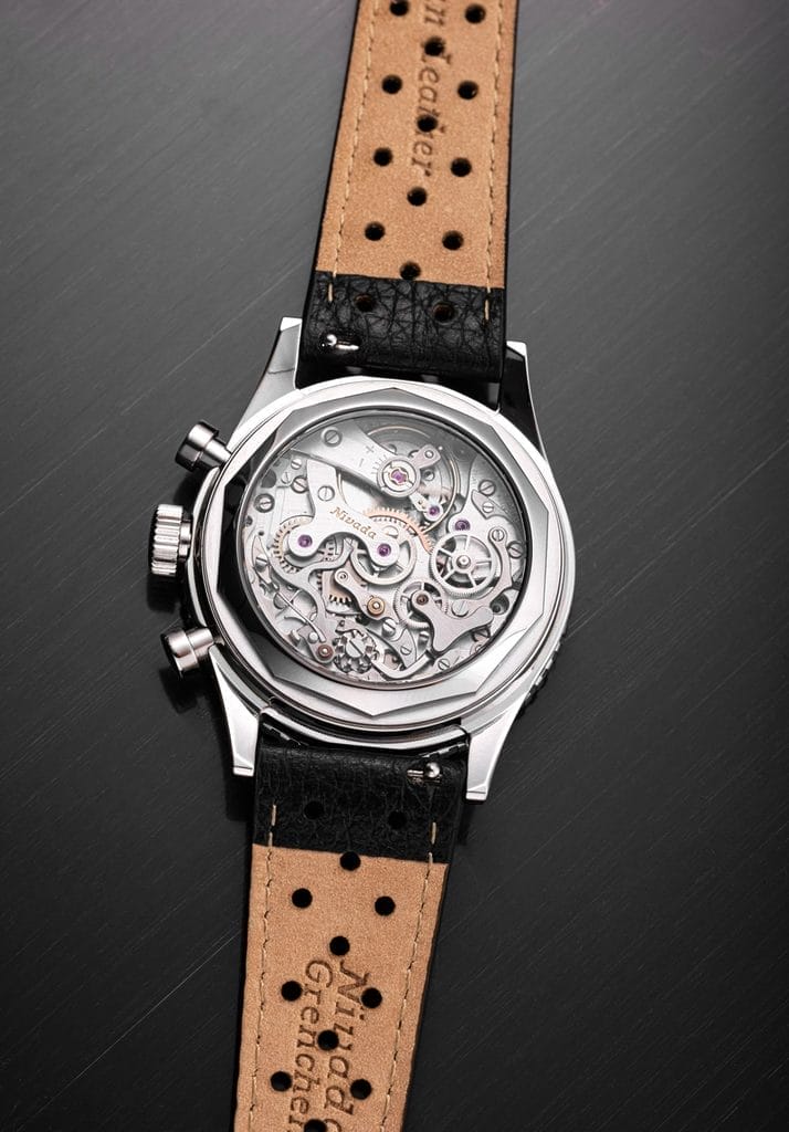 Vue sur le Valjoux 23VZ équipant la nouvelle Nivada Grenchen Chronoking « Paul Newman » Orange