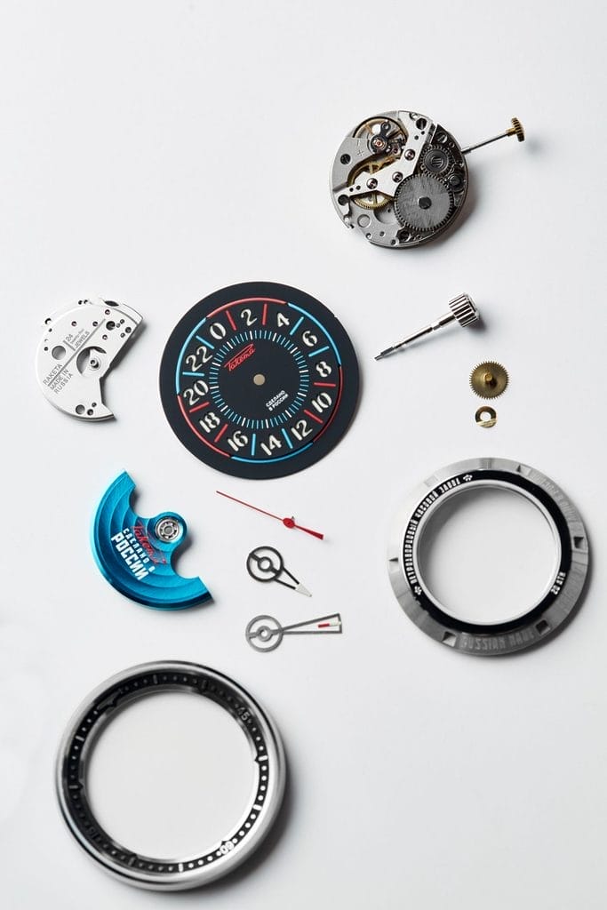 Composants et mouvement de la Raketa Sonar.