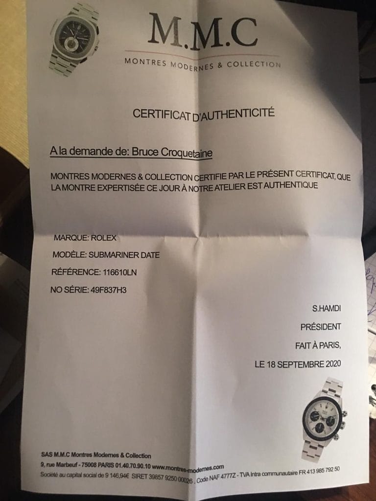 Photo d'illustration - Faux certificat d'authenticité - Source Michel Vittini sur le groupe Facebook Club Rolex France