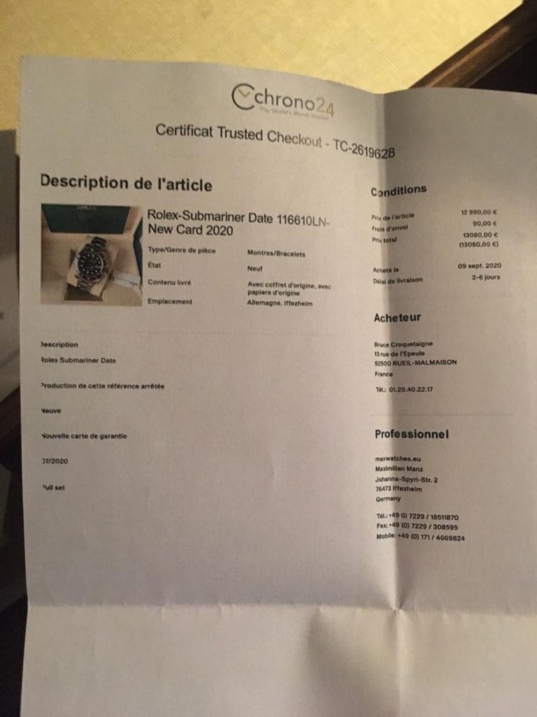 Photo d'illustration - Fausse facture - Source Michel Vittini sur le groupe Facebook Club Rolex France