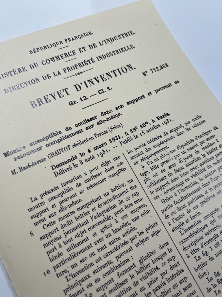 Dépôt du brevet pour le système Reverso, le 4 mars 1931 à 13h15.