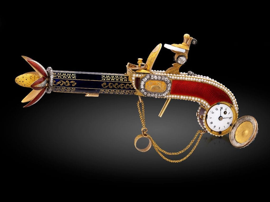 Attribué à Moulinié & Bautte & Cie
Flacon de parfum en forme de pistolet à silex émaillé en or jaune avec une montre cachée, vers les années 1800 - Estimation : HK$ 800 000 - 1 600 000 / US$100 000 - 200 000