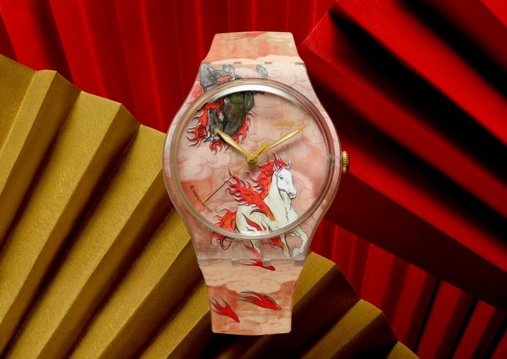 Exemple d'une montre à quartz avec une aiguille des secondes qui saute à chaque seconde. Swatch Nouvel an lunaire : Année du cheval